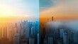 © Petchladda - A before-and-after image of a city air quality improvement efforts.