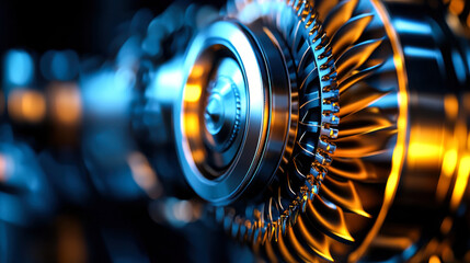 Wall Mural - Close up view of gas turbine engine with intricate metallic details and vibrant colors