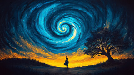 Wall Mural - A peaceful nocturnal landscape where one person stands transfixed by a brilliant, spiraling galaxy