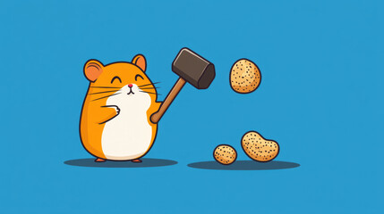 Canvas Print - Brutal hamster, A humorous image of a hamster using a hammer to smash a peanut shell, showcasing whimsy and creativity in a high-fidelity format.