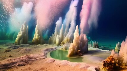 Wall Mural - Vibrant pink, white, and yellow minerals bursting from deep sea hydrothermal vents, revealing colorful geological activity in spectacular underwater marine landscape
