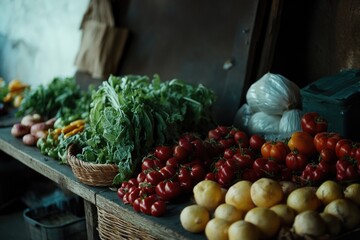 Wall Mural - Vibrant produce stand with a variety of fresh vegetables and fruits. Includes leafy greens, tomatoes, squash, and potatoes.