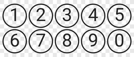 Black and white number signs in a circle with a stroke without fill on a transparent background. Numbers for an application, program, animation. Countdown
in a circle. Vector illustration. EPS file