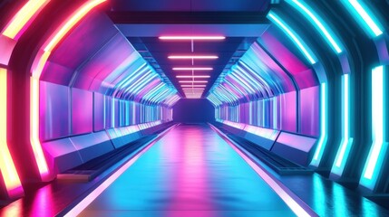 A glowing rainbow neon tunnel effect, perfect for a gaming aesthetic, with futuristic metallic floor reflections, background wallpaper AI generated image