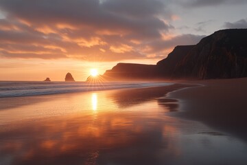 Wall Mural - Breathtaking sunset over the ocean with golden reflections and cliff silhouettes in the background