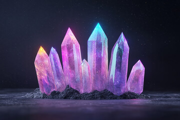 Poster - A cluster of evolving crystalline formations, each facet catching radiant light as they slowly