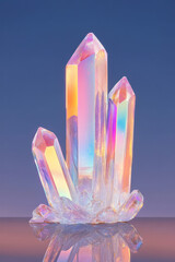 Poster - Iridescent crystal shards growing from a reflective surface, their luminescent edges casting a soft