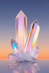 Poster - Iridescent crystal shards growing from a reflective surface, their luminescent edges casting a soft