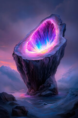 Poster - An ethereal, glowing geode-like formation slowly branching out, its facets refracting vibrant beams