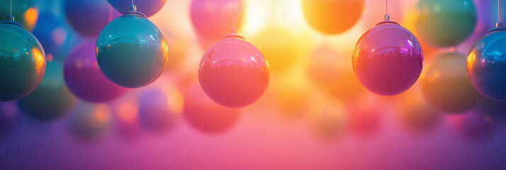Poster - A wide-angle view of disco balls suspended from the ceiling, casting rainbow flares and nostalgic