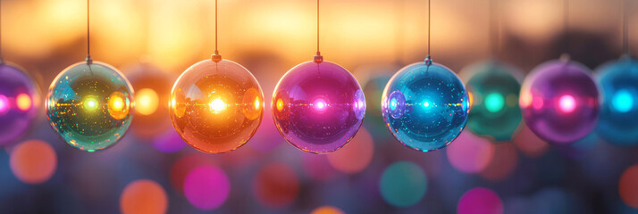 Poster - A wide-angle view of disco balls suspended from the ceiling, casting rainbow flares and nostalgic
