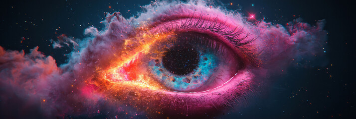Aufkleber - A haunting eye shape amid swirling, multicolored cosmic dust, with pinprick lights of distant suns