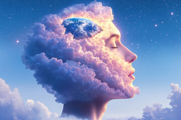 Aufkleber - A meditative illustration of Earth overlapping a manâ€™s profile, drifting in billowy cosmic clouds
