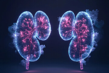 Poster - A pair of glimmering, futuristic kidneys glowing with vibrant blues and reds, enveloped in swirling