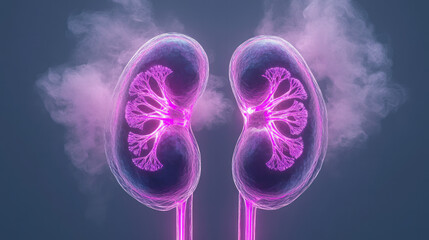 Aufkleber - A top-down perspective on enhanced kidneys bathed in streaming neon energy, fog swirling gently