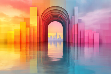 Aufkleber - A futuristic walkway of reflective cubes shifting through vibrant colors, leading to a softly