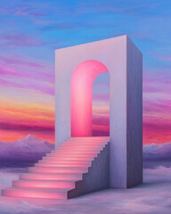 Poster - A corridor of stacked neon blocks forming a crystalline passage, with a warm, glowing point at the