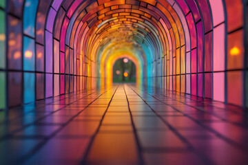 Fototapete - A futuristic walkway of reflective cubes shifting through vibrant colors, leading to a softly