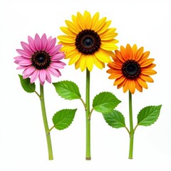 Wall Mural - Three vibrant sunflowers, stems, leaves, isolated white background , yellow, flowers