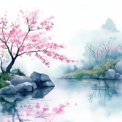 Poster - Tranquil cherry blossom tree reflects on calm lake surrounded by misty landscape during springtime. Generative AI