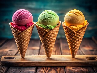 Wall Mural - Creamy Ice Cream Scoops on a Cone, Delicious Summer Treat, Rule of Thirds Composition