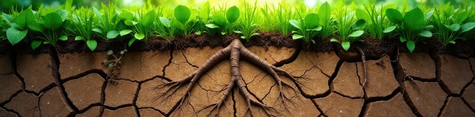 Wall Mural - Tree roots on cracked dry soil surface with green leaves above, soil, earthy