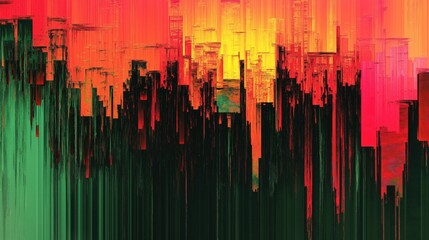 Poster - Abstract glitch art with vibrant red green and yellow cascading patterns