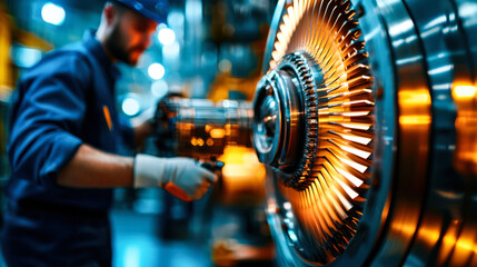 Wall Mural - Gas turbine power station interior with technician working on turbine