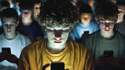 Cell phone addiction concept. Many teens hold smart device. Social media obsession. Online communication problem. People watch mobile gadget screen. Cyberspace internet network. Bad habit. Neon light.