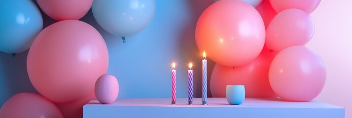 Poster - Vibrant birthday celebration table featuring colorful balloons and glowing candles, creating a festive atmosphere for all ages. Generative AI
