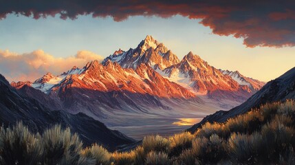 Wall Mural - Majestic sunset, snow-capped mountains, vibrant colors.