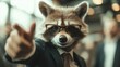 © Larisa AI - A raccoon in a suit and glasses boldly gestures with its paw, embodying a humorous yet serious character that reflects unique anthropomorphic qualities in a whimsical context.