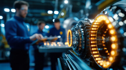 Wall Mural - dynamic image of engineers working on advanced machinery in factory