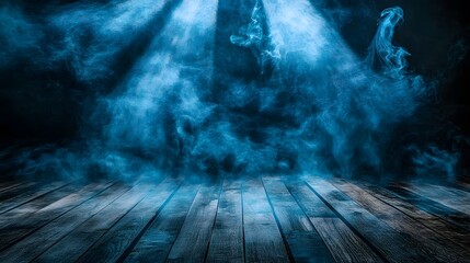 mysterious blue smoke wooden floor background