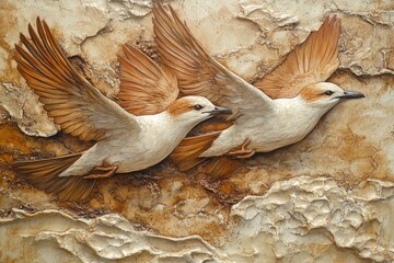 Two birds gracefully soaring against a textured, earthy background capturing the essence of nature's beauty