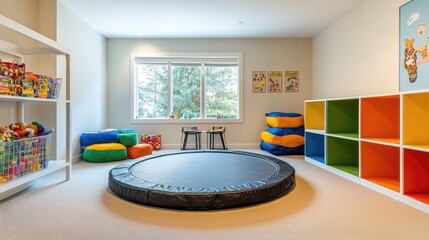 Wall Mural - Playroom with a large indoor trampoline, storage cubes for toys, and floor cushions for comfort and safety during active play