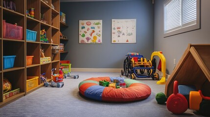 Wall Mural - Playroom with adaptive toys, accessible shelves, and a safe, cushioned floor for children with disabilities