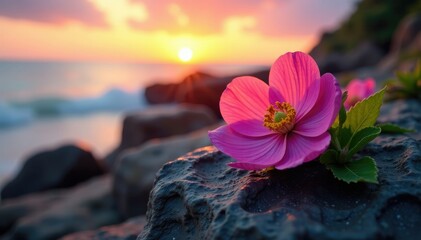 Wall Mural - Anemone flowers on a rock outcropping at sunset, petals, rock, flower