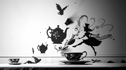 Wall Mural - A silhouette of tea party, with the teapot and cups depicted in black against a white background