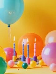 Aufkleber - Colorful birthday celebration with vibrant balloons and glowing candles on a cheerful table setup. Generative AI