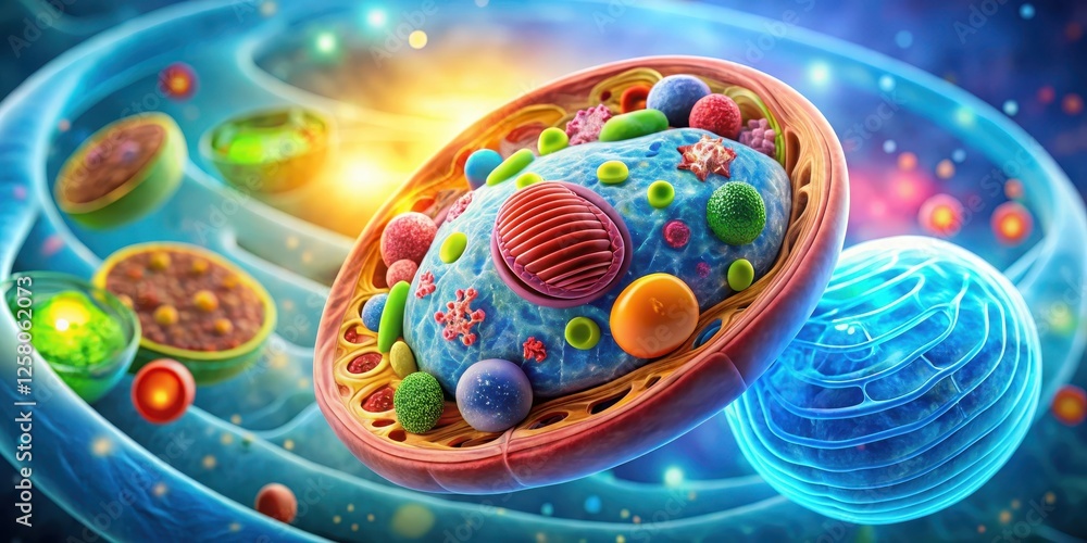 Colorful diagram of eukaryotic cell with labeled nucleus and ...
