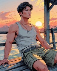 Canvas Print - Casual tank top and khaki shorts relaxing on a wooden pier at sunset Young Asian male background illustration portrait 3D