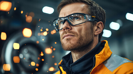 Wall Mural - focused maintenance engineer wearing safety glasses and orange jacket, surrounded by sparks in industrial setting