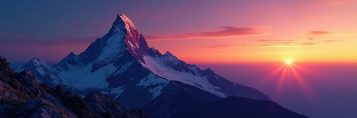 Wall Mural - Mountain peak at sunset with a clear night sky, mountain peak, outdoorsy atmosphere, peaceful