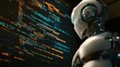 © suyu - Futuristic robot with glowing design and programming code overlay on a dark background, symbolizing artificial intelligence, technology, and the evolution of robotics in 3D rendering