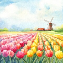 Poster - Colorful watercolor illustration of tulip fields with a windmill and vibrant spring colors in the background. Generative AI