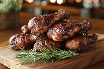 Wall Mural - Roasted chicken drumsticks seasoned with rosemary resting on cutting board