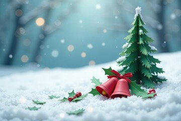 Wall Mural - Paper cutouts of Christmas bells and holly leaves scattered around a small tree on a snowy surface, winter, paper cutout, snow