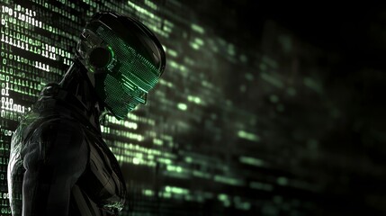 futuristic glowing robot design with programming code overlay on a dark background. concept of artif