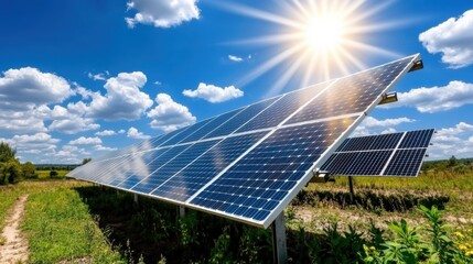 Harnessing solar energy solar power plant open field close-up shot sunny environment bright sunlight